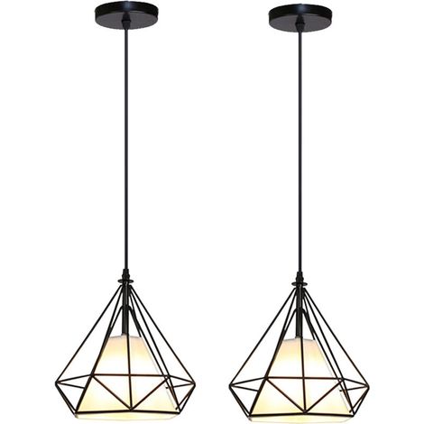Lot de 2 Lampe Suspension Industrielle Cage Diamant E27 20cm Plafonnier Lustre Luminaire Ajustable (1/3)