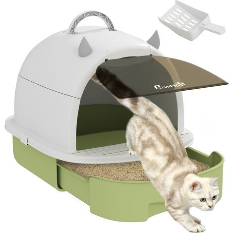 Maison de toilette pour chat bac à litière fermé chat poignée de transport porte translucide 40,5 x 52 x 39 cm vert (1/5)