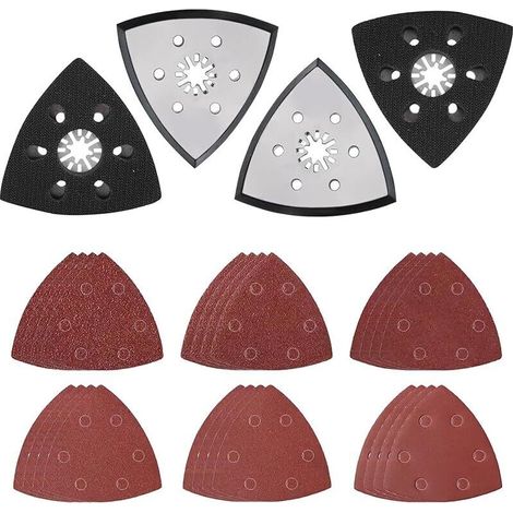 Ensemble de 4 Disques de Ponçage Triangulaires de 93 mm, Plateau de Ponçage Fin, Plateau de Ponçage Multi-Outils avec 24 papiers Ponceuse de Verre Triangulaires pour Poncer et Polir (1/5)