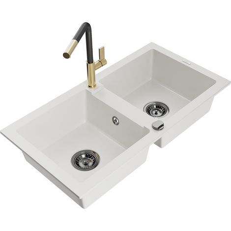 Mexen Mario lavello in granito a 2 vasche con miscelatore cucina Flora, bianco - 6504-20-670401-57-B (1/5)