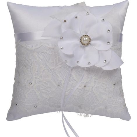 Oreiller d'anneau de perle de cristal de fleur de dentelle de mariage 20x20cm