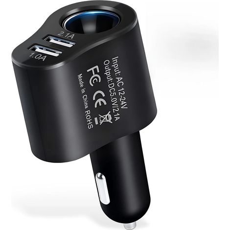 Chargeur de voiture USB 12V/24V, chargeur de voiture 3 en 1 avec 2 ports USB et prise allume-cigare pour GPS/caméra embarquée/téléphone/appareil photo (1/5)