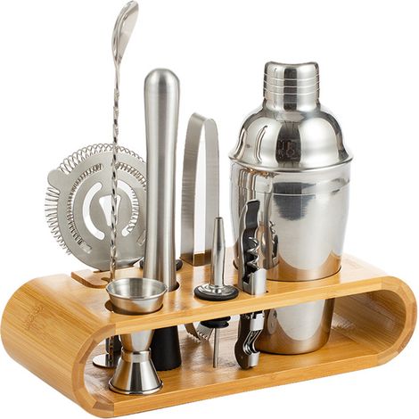 Shaker per cocktail da 750 ml, shaker per condimenti per insalata in acciaio inossidabile da 9 pezzi con supporto in legno, kit da barman professionale, con colino, misurino, versatore, per miscelare