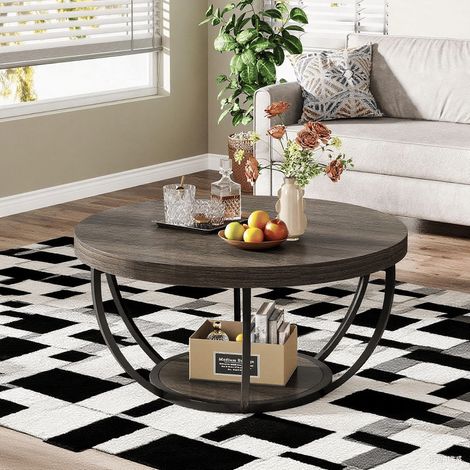 Table basse ronde de 80 cm avec 2 étagères, style industriel, idéale pour le salon ou comme table d'appoint moderne avec espace de rangement. (1/5)