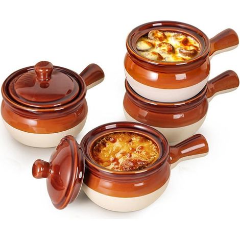 4 bols à soupe à l'oignon français, céramique 532 ml avec poignée et couvercle, idéal pour ragoûts et chili, usage familial et convivial (1/5)