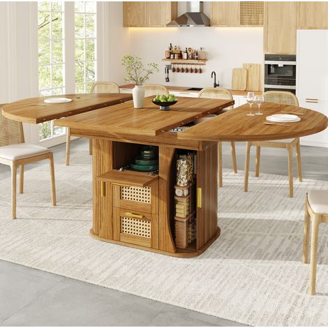 Tavolo da pranzo allungabile 118x118x77.1 cm con spazio contenitore, dettagli in rattan, MDF, rovere (1/5)