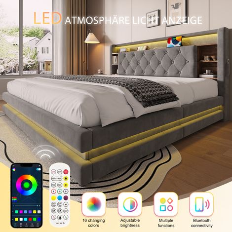 Lit capitonné 180x200 cm avec coffre, velours gris foncé, tête de lit moderne avec éclairage LED, ports USB et Type-C, levage hydraulique, sommier à lattes, étagères intégrées, rangement pratique. (1/5)