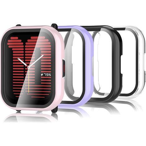 4 Pièces Coque Compatible avec Amazfit Active, Coque Rigide en PC avec Protecteur d'écran, Coque HD avec Verre Trempé - Transparent, Noir,Rose,Mauve (1/5)