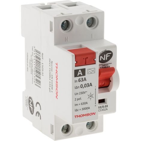 Thomson – Interrupteur différentiel type A 63A – Courant résiduel 30mA – Tension 230V/50Hz – Bornes à vis pour installation rapide