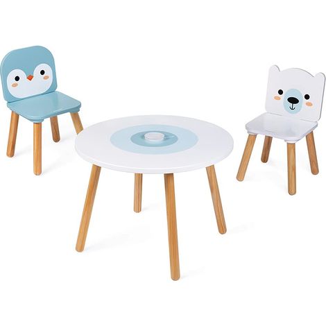 Janod - Tavolo e 2 Sedie Banchisa in Legno - Tavolino Rotondo per Bambini con Portapenne Rimuovibile - 1 Sedia Orso Bianco e 1 Sedia Pinguino - Ideale per Bambini da 3 a 6 Anni, J09650 (1/5)