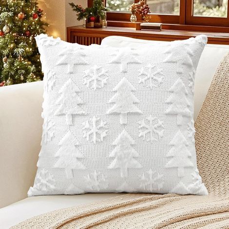 JSSEVN - Set of 2 Soft Plush Short Wool Velvet Decorative Christmas Cushion Covers, Luxury Style for Sofa - Tree and Snowflake, White, 45 x 45 cm (1/5)
