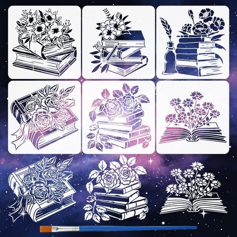 6 Pièces Pochoirs de Fleur de Livre avec Pinceau 15x15cm 6 Styles Pochoirs de Livres Floraux Pochoir de Plantes Florales Pochoir de Livre Empilé Gabarit Thème Livres pour Bois Mur Meuble (1/5)