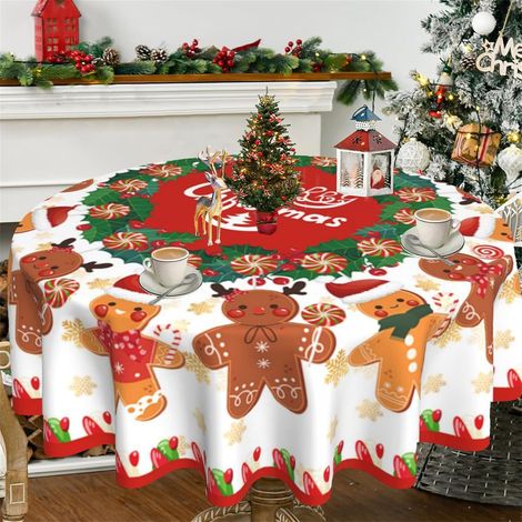 Mantel navideño, mantel navideño con motivos de Papá Noel, muñeco de nieve y árbol de Navidad, mantel redondo para mesa de fiesta navideña, 152 x 152 cm (1/5)