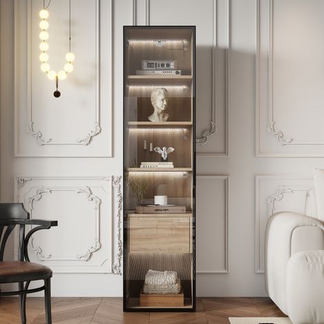 Badmöbel modern aus MDF in Natur mit Tür aus gehärtetem Glas, Schublade, offenen Fächern und Licht, 40 cm breit (1/5)