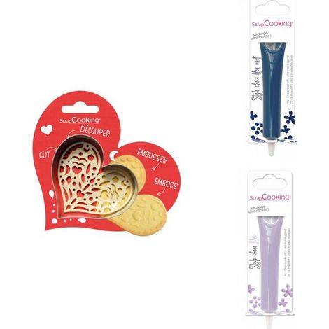 Kit pour biscuit en relief Coeur + 2 Stylos au chocolat bleu nuit et lilas (1/3)