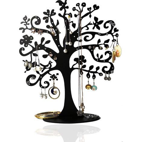 Support en forme d'arbre de vie avec 77 petits trous pour suspendre des boucles d'oreilles pendantes, métal noir, cadeau pour filles (1/5)