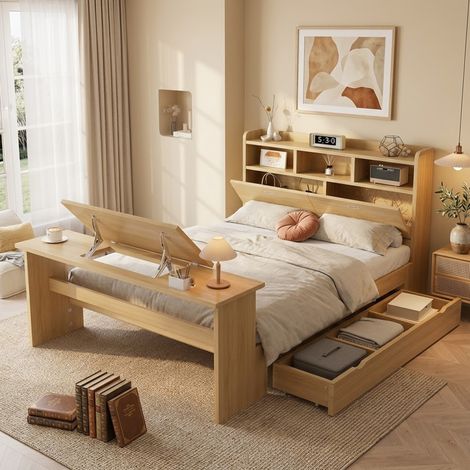 Cama juvenil 140x200 cm natural en madera con cajón, estantería de cabecero y mesa abatible (1/5)