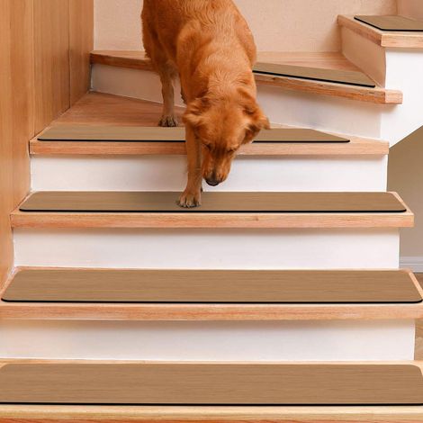 Marches d'escalier antidérapantes avec Support en Caoutchouc,Tapis d'escalier en Bois, Tapis d'escalier de sous - Sol pour Animaux, Enfants et Personnes âgées,Bois Brun (76x20cm,Lot de 15) (1/5)