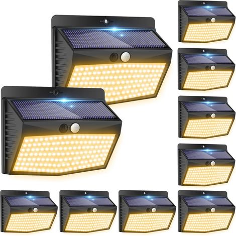 Lampe Solaire Extérieur Blanc Chaud, Lot de 10 Lumiere Solaire Exterieur Détecteur de Mouvement 3 Modes 138 LED Eclairage Exterieur Solaire étanche pour Jardin