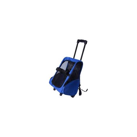 Sac de transport à roulettes pour chien 2 en 1 trolley chariot sac à dos pour chien chat avec poignée téléscopique, sacs de rangement, aérations, attache de sécurité, 42 x 25 x 55 cm, bleu