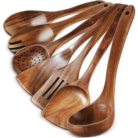 Cuillères en bois pour la cuisine - Ensemble de 7 ustensiles de cuisine en bois naturel. (1/5)
