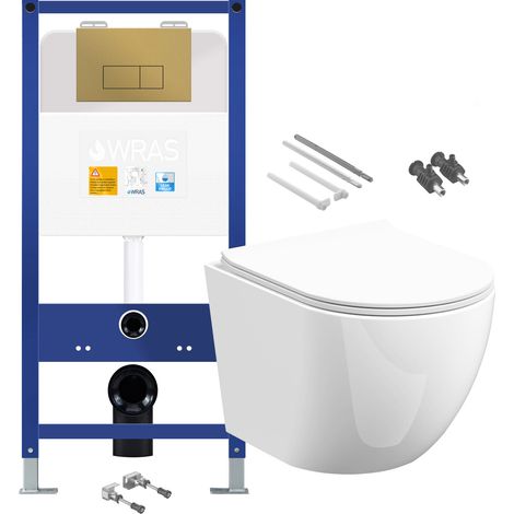 Gloss White Rimless D Shape Wall Hung Toilet with 1.10m Concealed Cistern Frame Set - Brushed Gold Plate