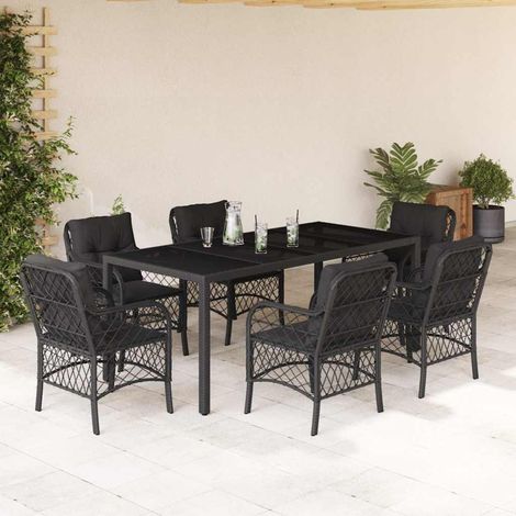 vidaXL Set de comedor de jardín 7 pzas y cojines ratán sintético negro (1/5)