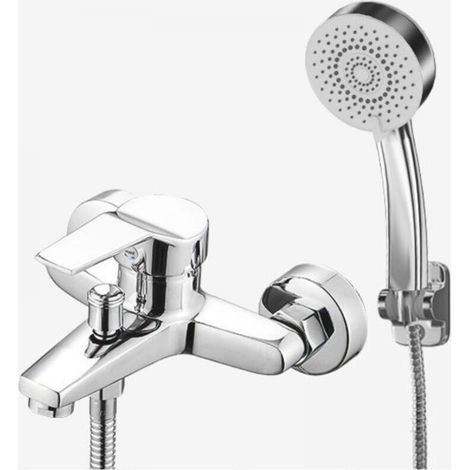 Bath-Shower Mixer Tap, Bathtub Faucet with Hand Shower and Hose, Holder, Chrome, Silver (1/3)