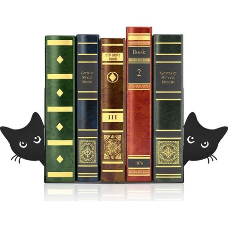 Lot de 2 serre-livres en métal avec chat qui regarde - 18 x 15 x 8 cm - Noir - Décoration de bibliothèque - Pour la maison, le bureau, l'école, les amoureux des chats (1/5)