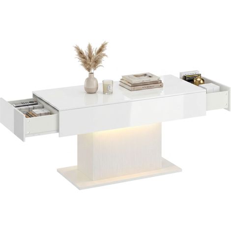 Table basse LED moderne blanc brillant avec rangement, 2 tiroirs et télécommande (1/5)