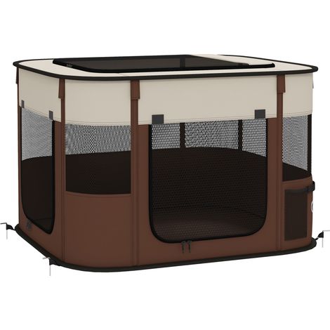 Box per Animali 74x60x45 cm con 6 Finestre 3 Porte e 2 Borse Portaoggetti in Poliestere e Acciaio Marrone (1/5)