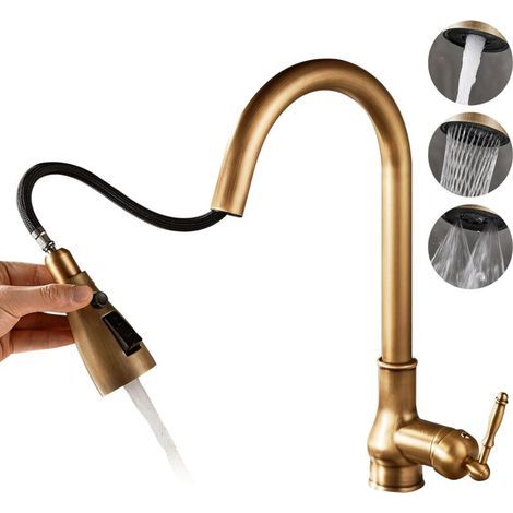 Robinet de cuisine vintage en laiton bronze antique, trou unique, pulvérisateur rétractable 3 fonctions. (1/4)