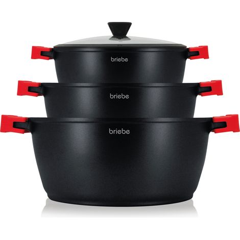 Briebe BLACKT3 Batería Cocina Inducción Antiadherente Titanio, 6 Piezas Aluminio Fundido 3 Ollas sin PFOA Tapa  Negro (1/5)