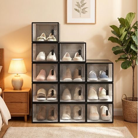 MEUBLIV Cajas apilables para zapatos x12 negras y transparentes – apertura frontal (1/5)