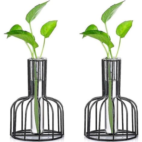 Deux vases en fer forgé noir et des flacons à semis avec armature métallique. (1/5)