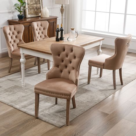 DESMIU Chaise de Salle à Manger Rembourrée avec Pieds Réglables et Anneau Dorsal, en Velours, Café Clair (1/5)