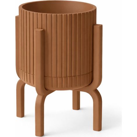 Pot de fleurs moderne marron rainuré avec support pour plante (1/3)