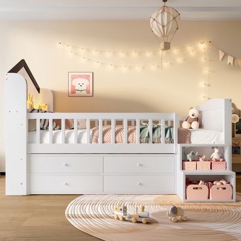 Lit Enfant 90x200cm - Design Maison avec Fenêtres - 4 Tiroirs - LED Intégrée - Escalier avec Rangements - Structure Pin Massif - Capacité 120kg - Blanc (1/5)