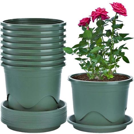 Ensemble de 6 pots de fleurs en plastique épais de 19 cm avec soucoupes Contrôle des racines pour plantes de jardin et décoration (1/5)