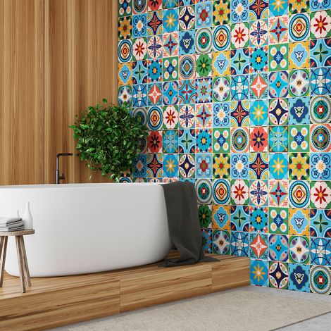 Sticker Mural Carrelage adhésif Cuisine Salle de Bain - 60 STICKERS CARREAUX DE CIMENT AZULEJOS VULMINA - 60stickers20x20cm (1/5)