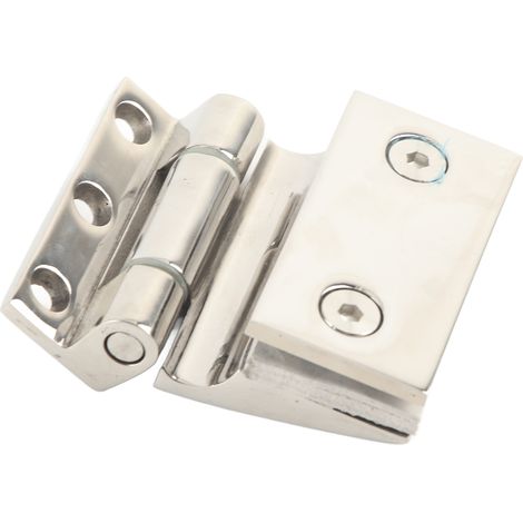 Gebogenes, einseitiges Scharnier aus Edelstahl für Badezimmertüren aus gehärtetem Glas (8–12 mm). (1/5)