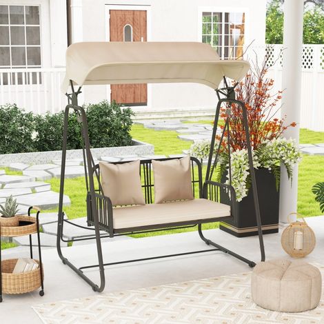 REDOM Balancelle de jardin double en rotin, avec auvent et coussins réglables, modèle chaise suspendue, couleur kaki (1/5)