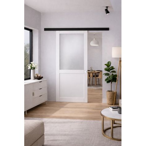 Puerta corredera Athena blanca H204 x L73 cm, riel de aluminio con banda negra, conchas blancas para GD MENUISERIES