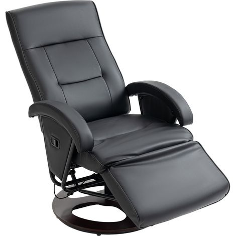 Sillón reclinable giratorio de polipiel negro con reposapiés y base de madera (1/5)