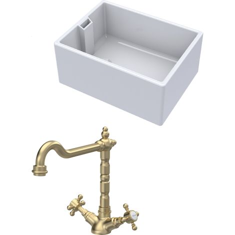 Fireclay Kitchen Bundle - 1 Bowl Belfast Sink & French Classic Mono Tap, 615mm - Brushed Brass