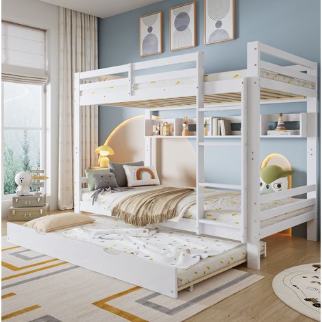 Lit superposé 90x200 cm blanc en pin et MDF avec lit gigogne, étagère 2 m et échelle (1/5)