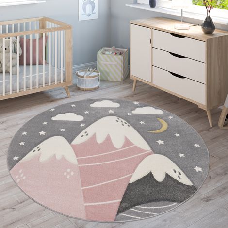Paco Home Tappeto Bambini Cameretta Montagne Stelle Nuvola 3D Grigio Rosa Ø 200 cm tondo