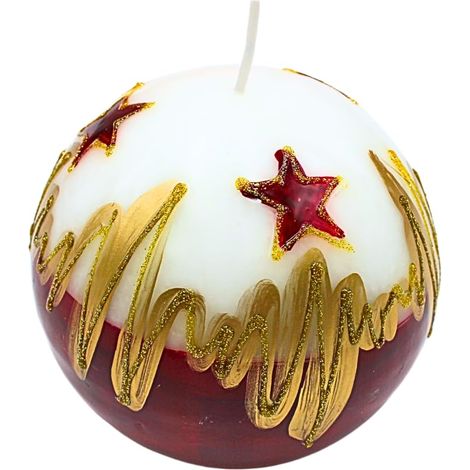 bougie sphérique, bougie de table, bougie décorative en cire avec motif de Noël, bougie de Noël comme boule de 10 cm, en blanc, rouge et or. (1/5)