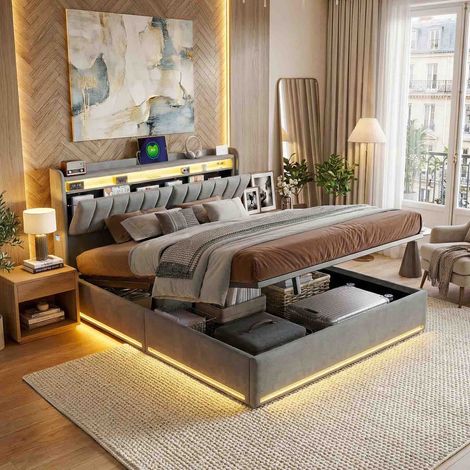 Creahappy Lit Coffre 140x190 cm avec LED RVB et Prises USB-C - Tête de Lit Rangement - Velours Gris Design Soigné (1/5)