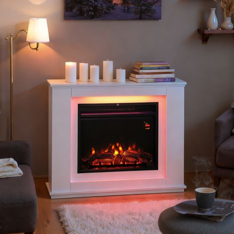 Cheminée électrique 1000W/2000W fausse cheminée effet flamme à 12 couleurs et 5 luminosités réglables 98x25x80cm blanc (1/5)